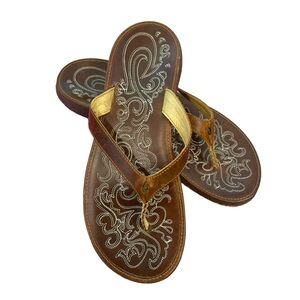 OluKai Womens Paniolo Thong Flip Flop Sandals Shoes 10 Brown Leather Rubber Sole